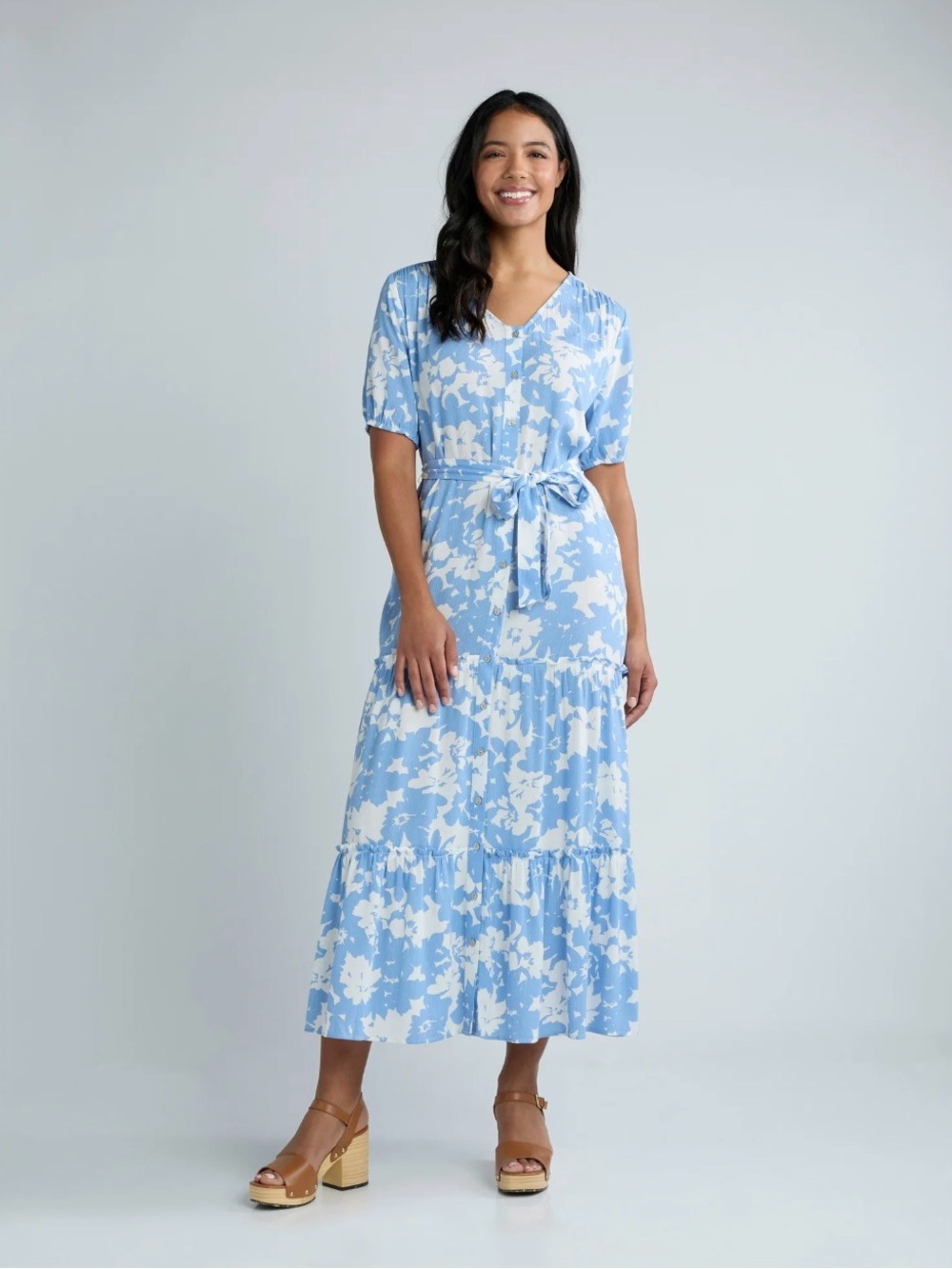 Time and Tru Crinkle Maxi Dress with Short Sleeves- light blue floral print